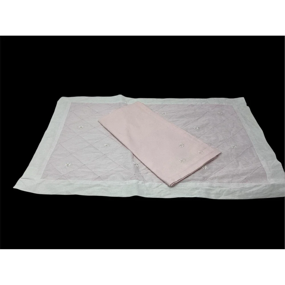 (7) Pottery Barn Pink Daisy Embroidered Placemats &Matching Napkins India Cotton